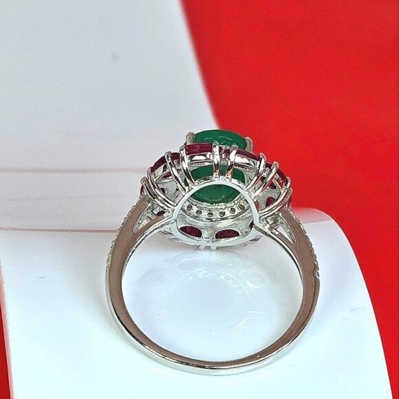 925 Sterling Silver Ring with Natural Emerald 11x8mm & Ruby Gemstone - Picture 13 of 16